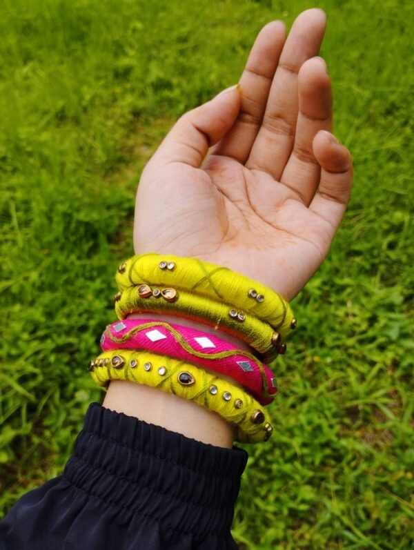 Boho Blossom Bangle Set – Yellow & Pink Handmade Thread Bangles